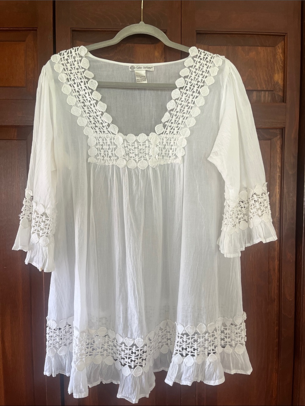 White Crochet-Detail Peasant Tunic Top - Cute Options